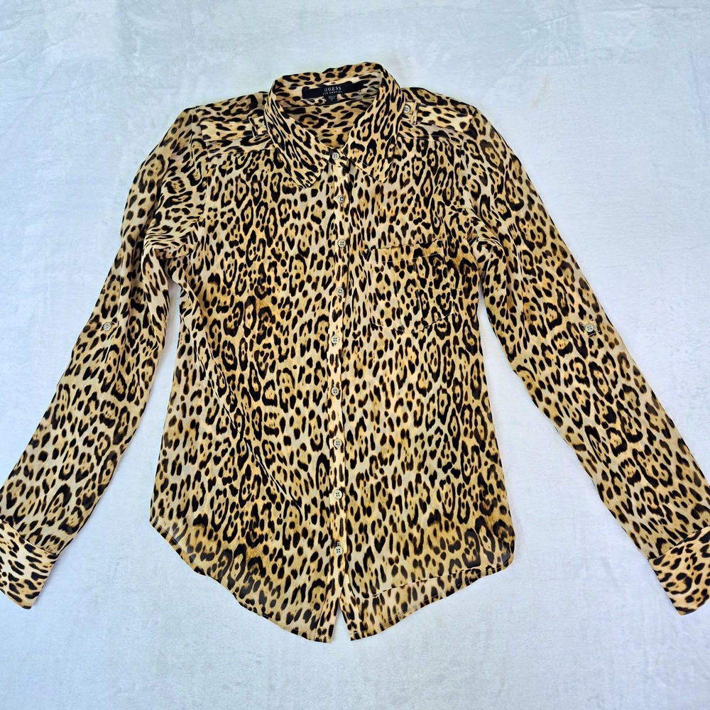 GUESS Womens S Leopard Animal Print Button Front Collared Long Sleeve Blouse